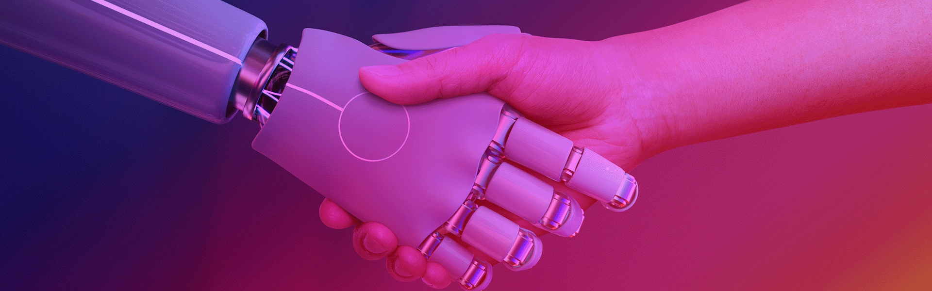 Mão de robô apertando mão humana